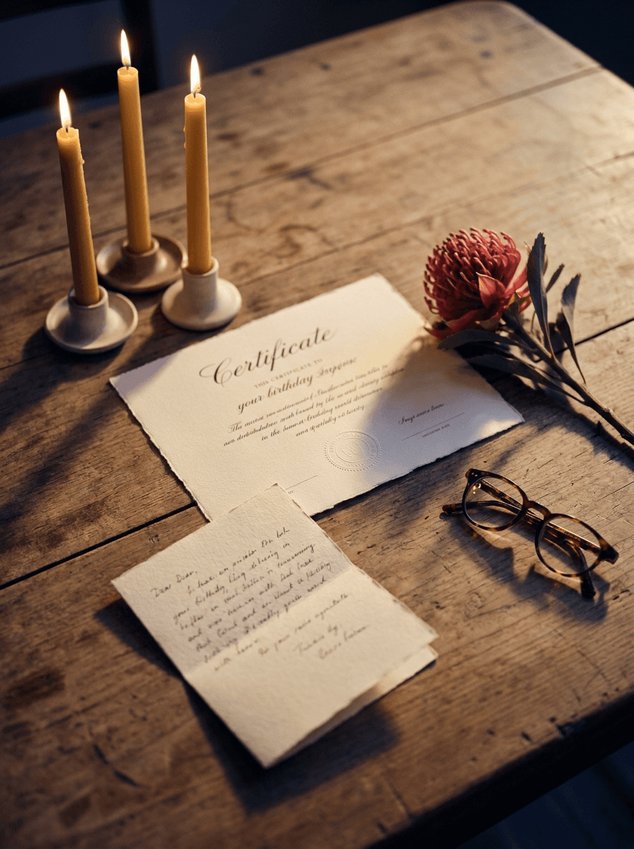 A birthday table with a handwritten note and a giftyour.name certificate