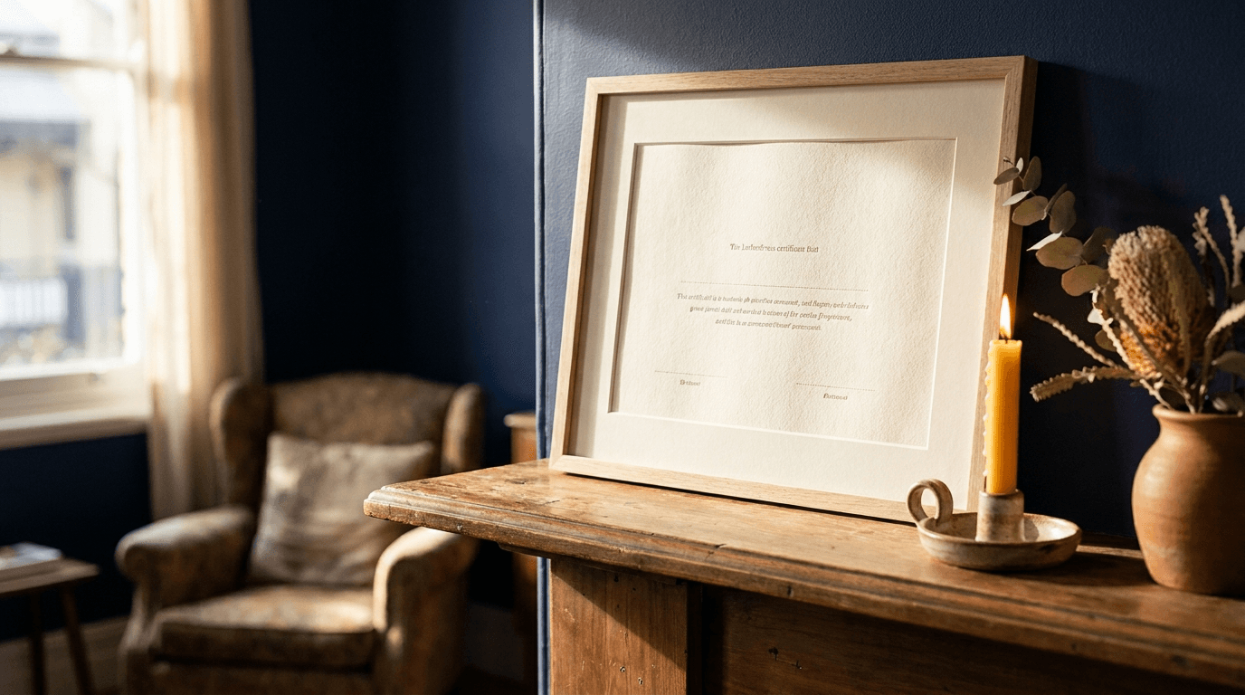 Premium certificate framed on a mantelpiece