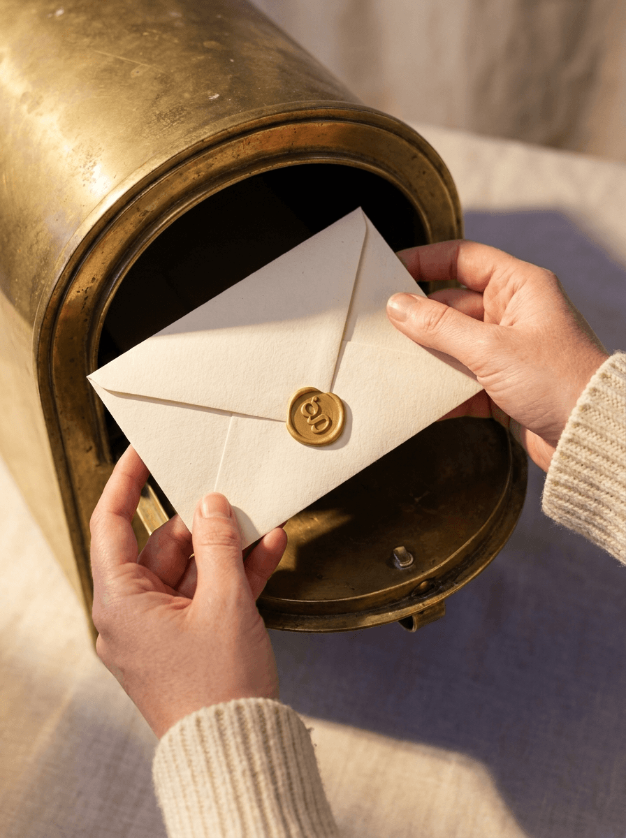 Hands lifting a cream envelope with a gold wax seal out of a brass mailbox