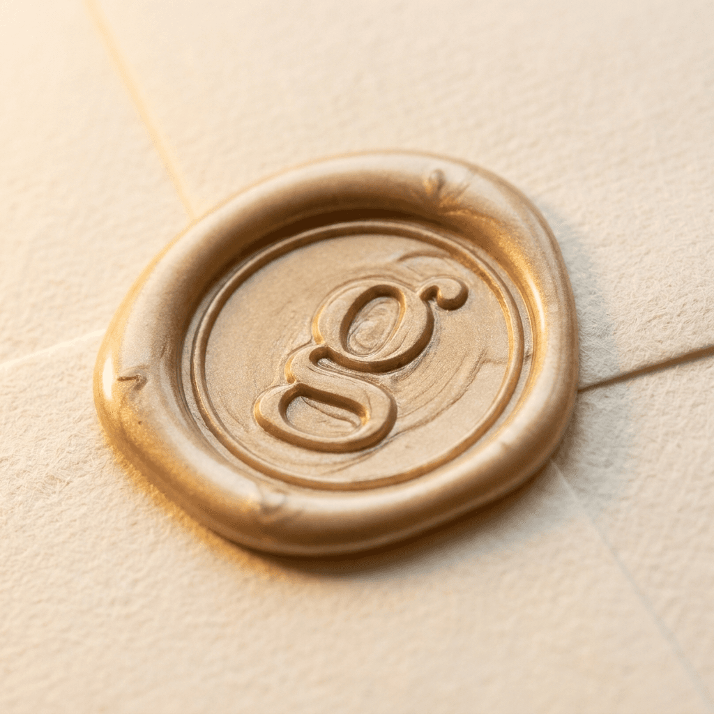 Heirloom tier — hand-pressed gold wax seal, close up